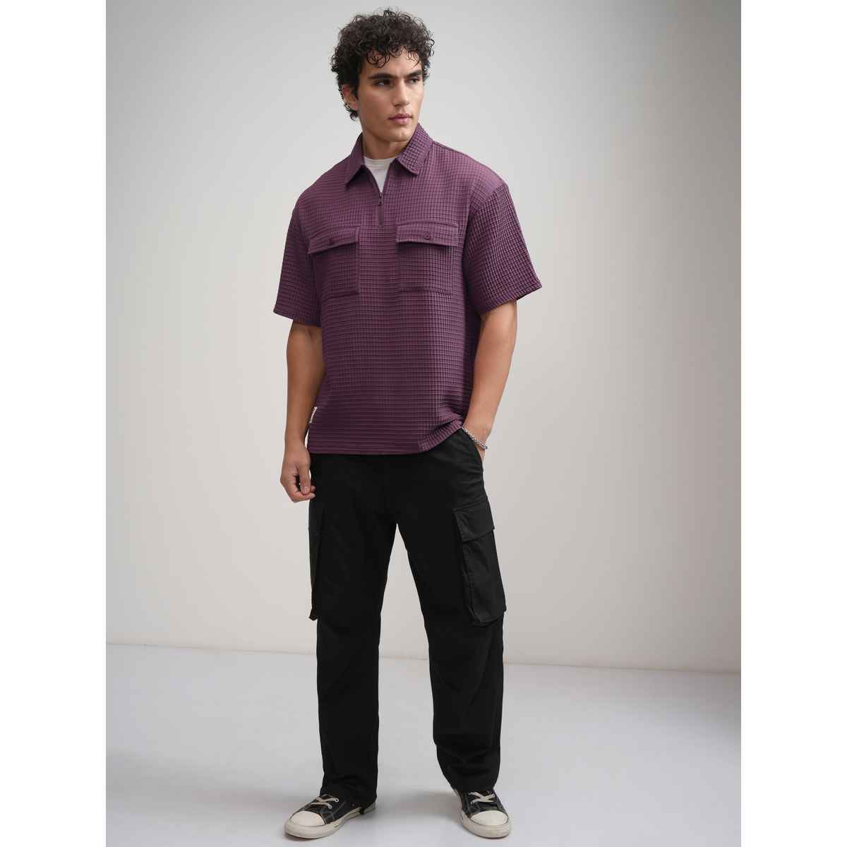 Highlander Men Popcorn Textured Solid Polo Collar Oversized T-shirt | Plum | XL