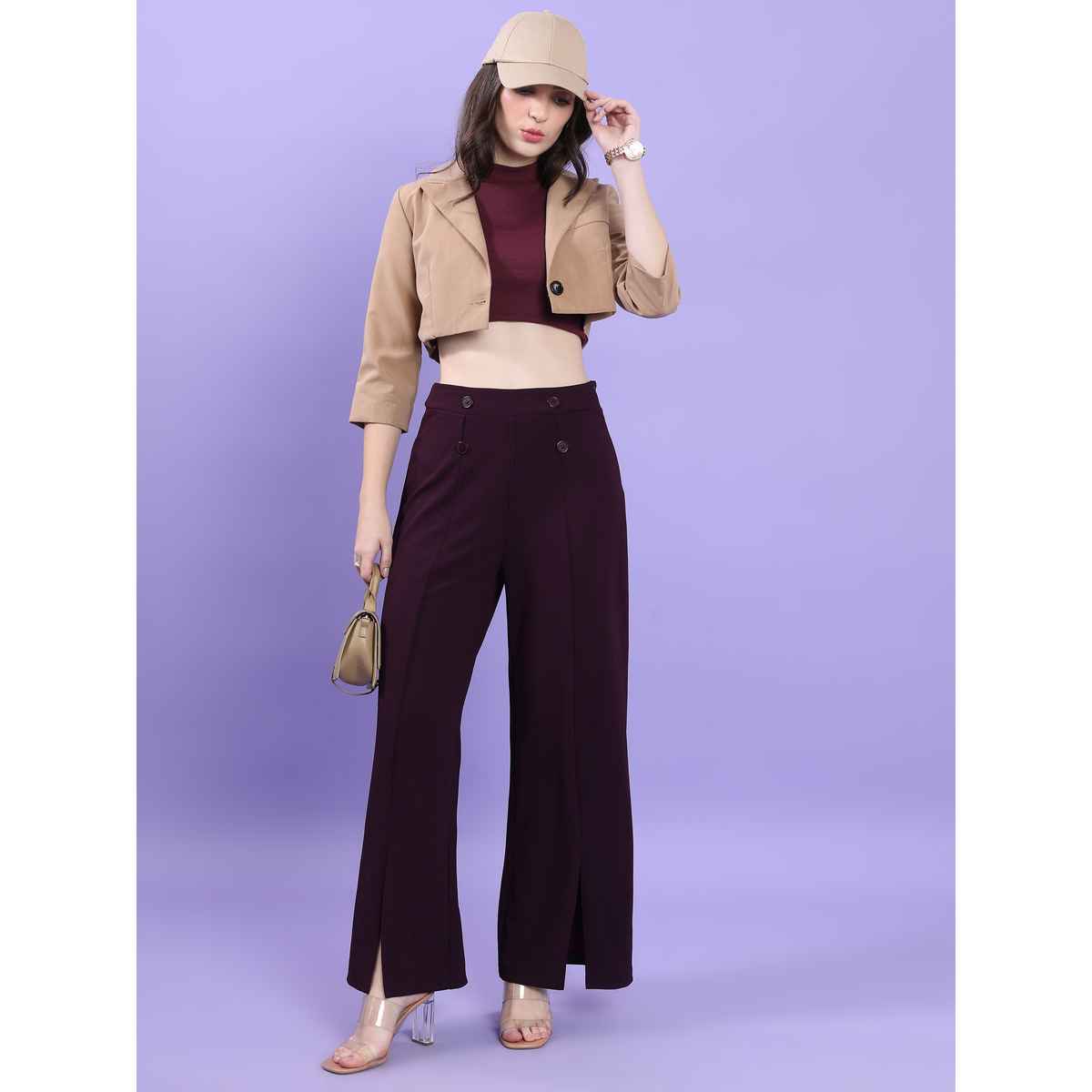 Tokyo Talkies Women's High-Rise Flared Parallel Trouser | Plum - 30