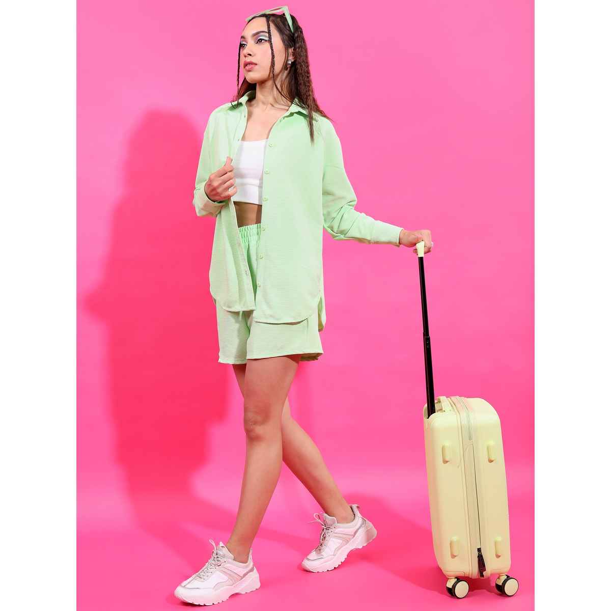 Tokyo Talkies Women's Knitted Shirt With Shorts Set | Green - L