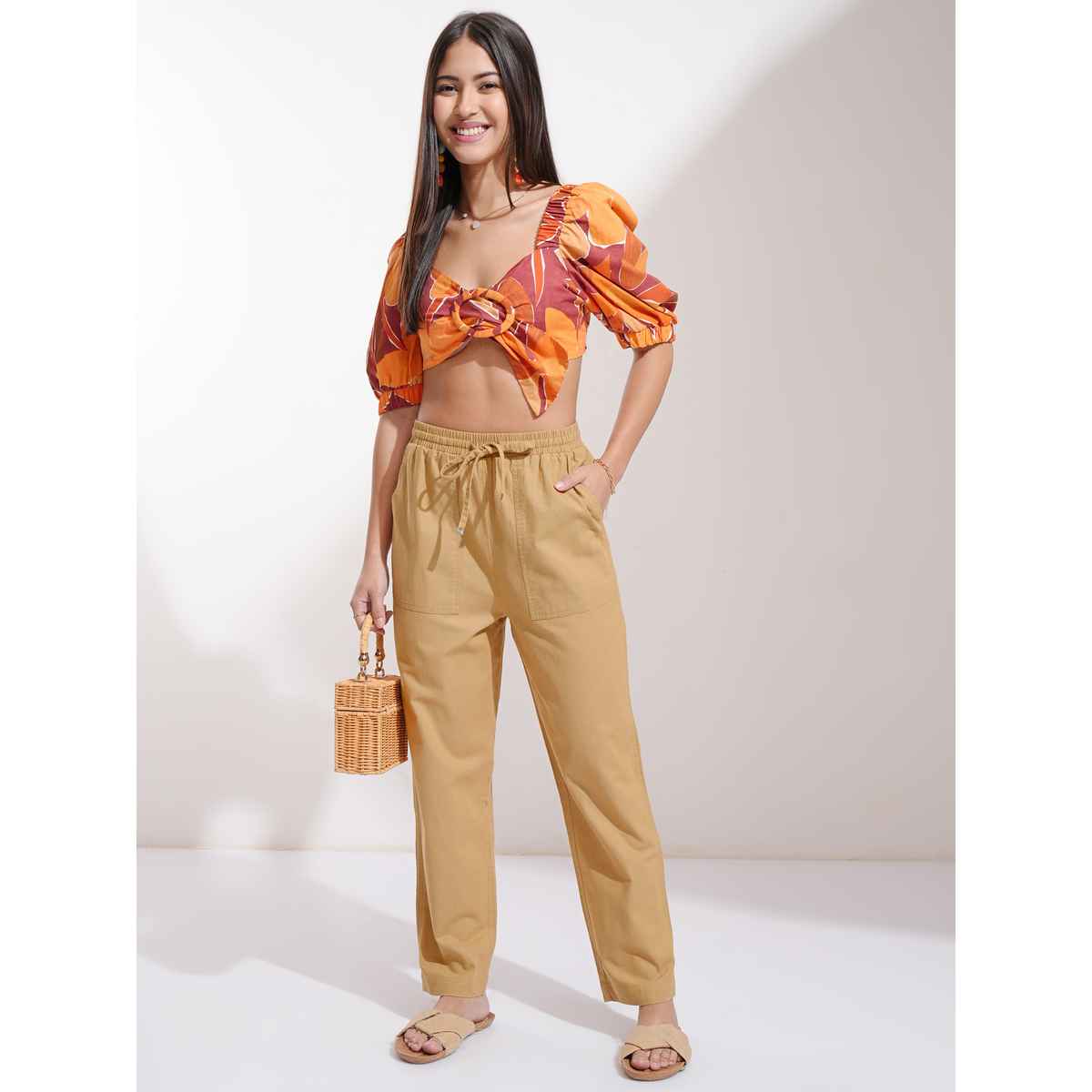 Tokyo Talkies Women's Camel Solid Multi Pocket Carrot Fit Pant | Beige - 32
