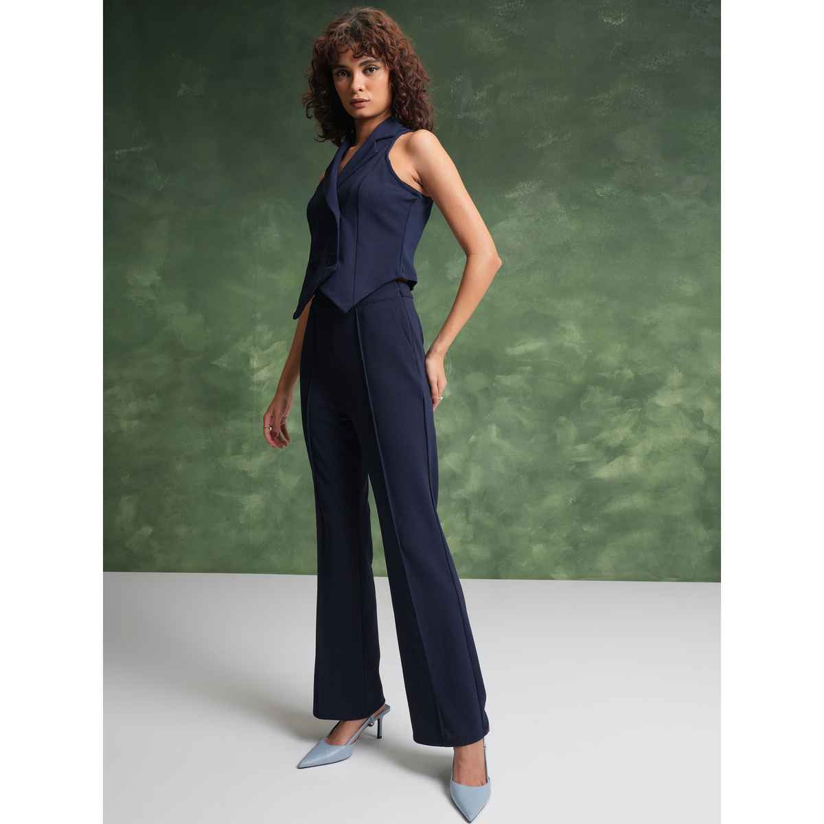 Tokyo Talkies Women's Notched Lapel-Collar Waistcoat With Trousers | Blue - L