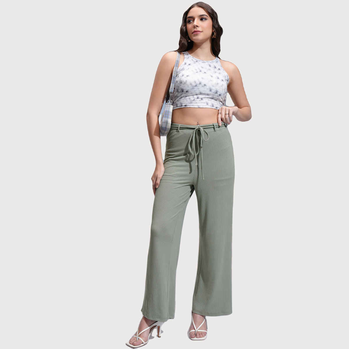 Tokyo Talkies Women's Solid Rib Calf Length Wideleg Pants | Olive - 30