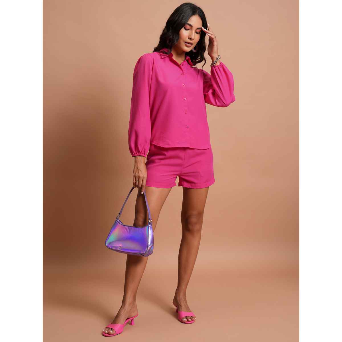 Tokyo Talkies Women's Self Design Shirt with Shorts | Multicolour - L