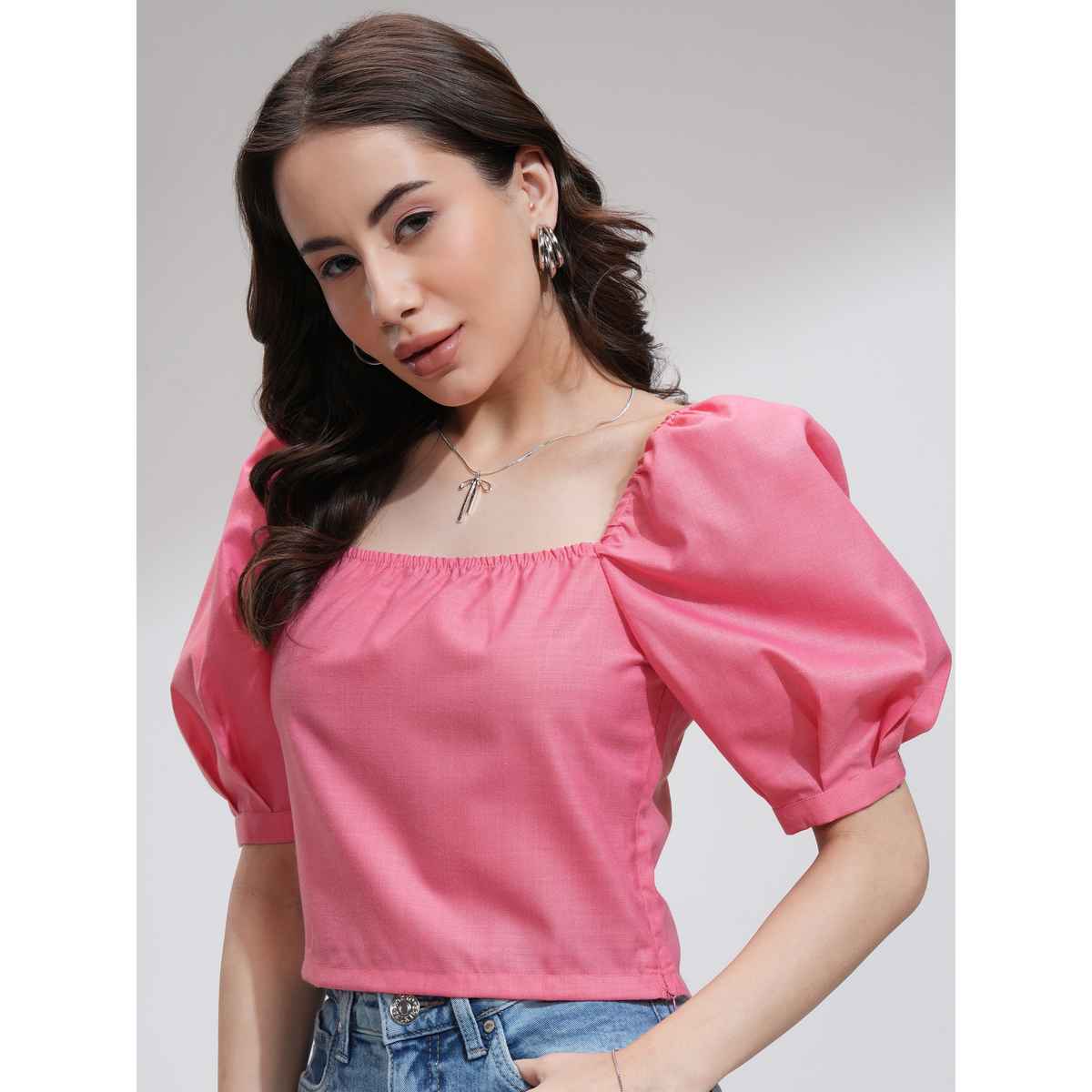 Tokyo Talkies Women's Square Neck Puff Sleeve Top | Pink - M