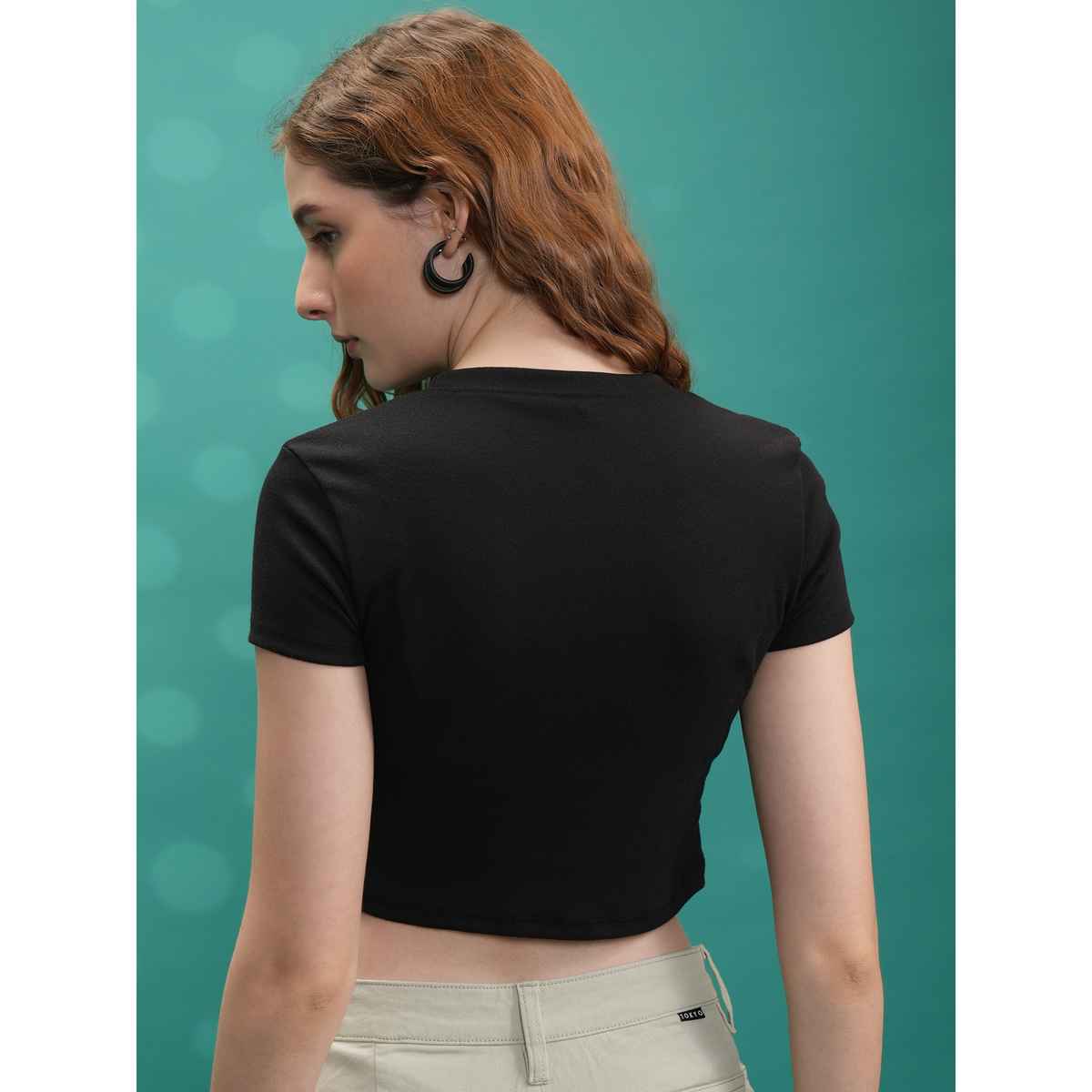 Tokyo Talkies Women's Printed Round Neck Rib Crop Top | Black - M