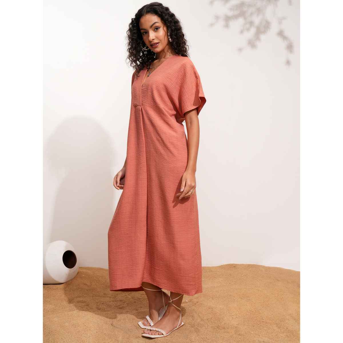 Tokyo Talkies Women's Rust Kaftan Neck Flowy Maxi | Brown - M