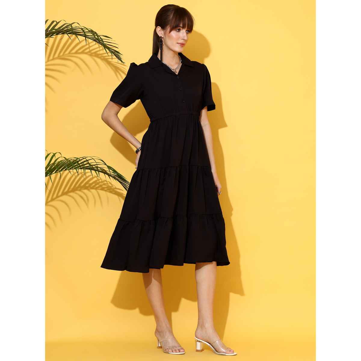 Sheetal Women's Black Shirt Collar Fit And Flare Midi Dress | 11621 | Black - S