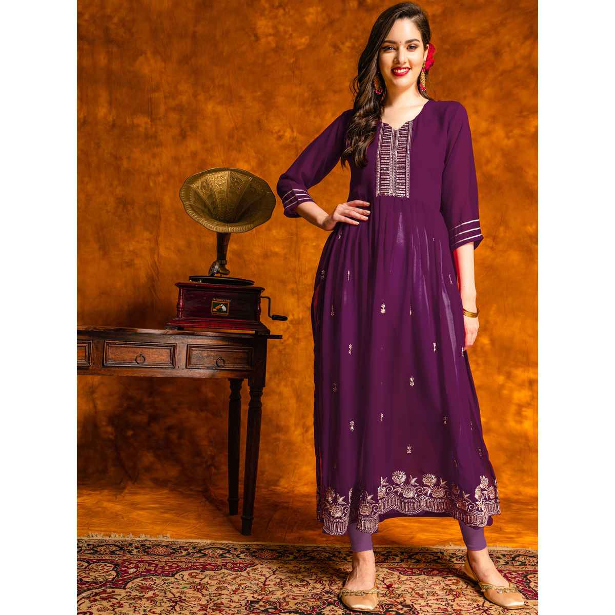 Youthnic Ethnic Motifs Embroidered Lace Work Naira Cut Kurta | B44 - Rimjhim Wine | L