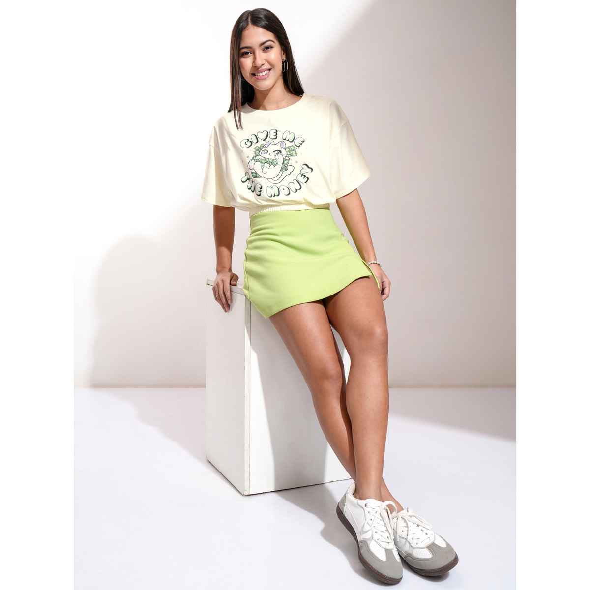 Tokyo Talkies Women's Half Sleeve Crop Round Neck T Shirt | White - M