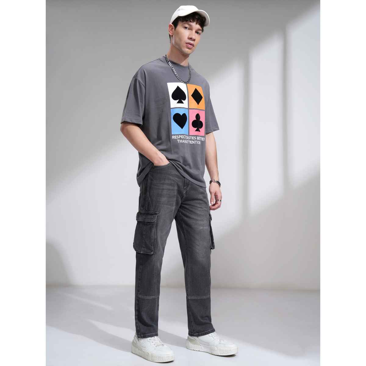 Highlander Men's Charcoal High Rise Straight Fit Cargo Jeans | Grey - 32