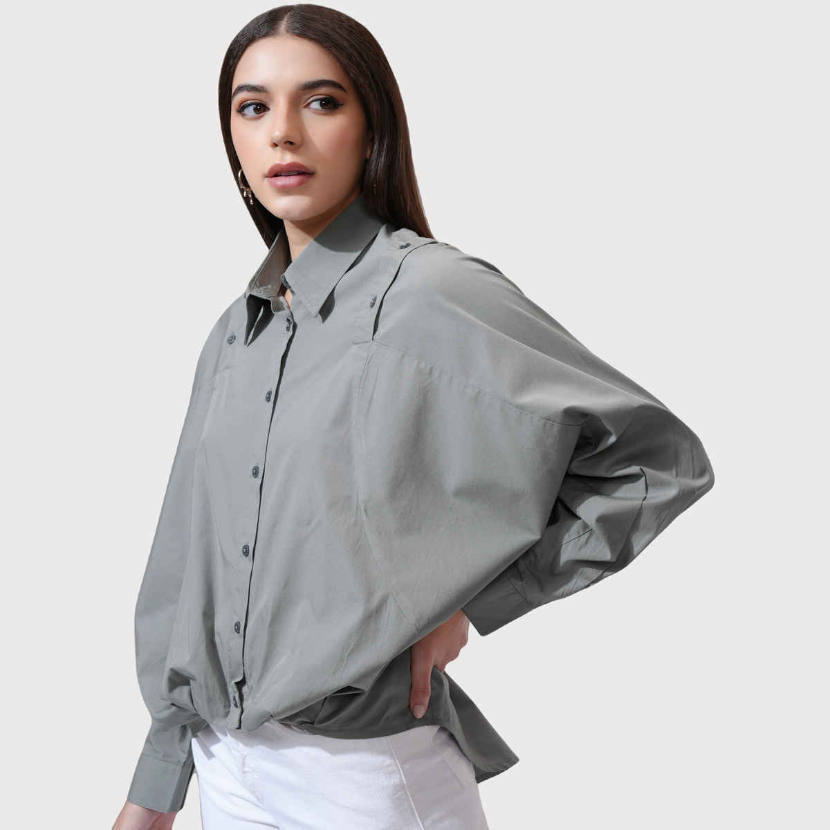 Tokyo Talkies Women's Solid Dropshoulder Oversized Fit Shirt | Grey - M