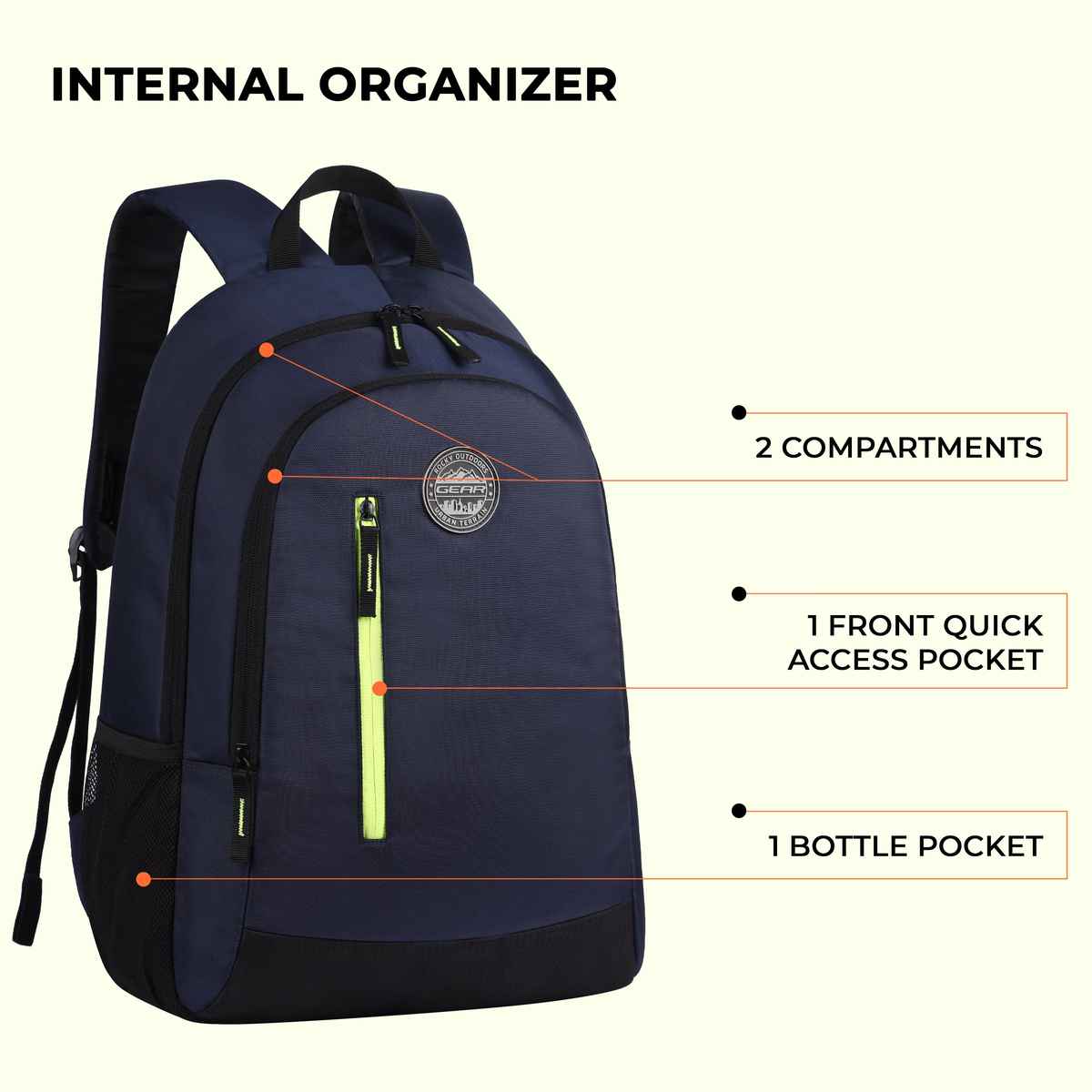 Gear Unisex Polyester 19 L Backpack | Navy Blue and Green
