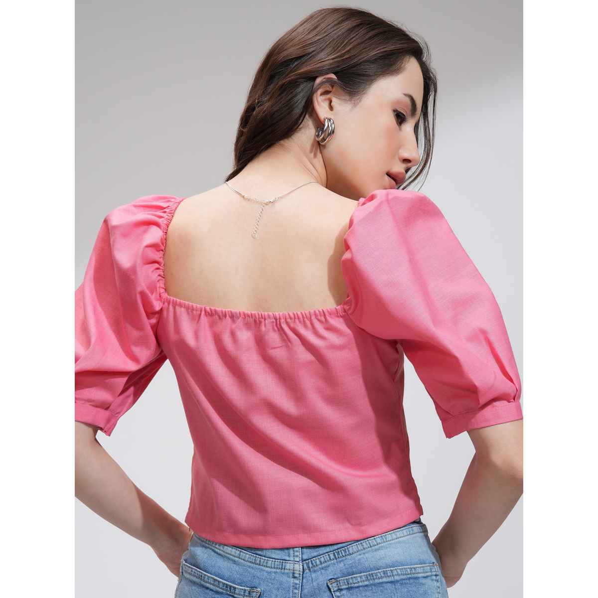 Tokyo Talkies Women's Square Neck Puff Sleeve Top | Pink - M
