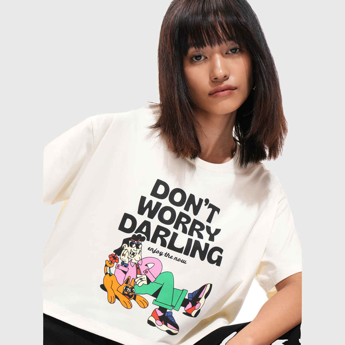 Tokyo Talkies Women's Half Sleeve Crop Round Neck T Shirt | Off White - S