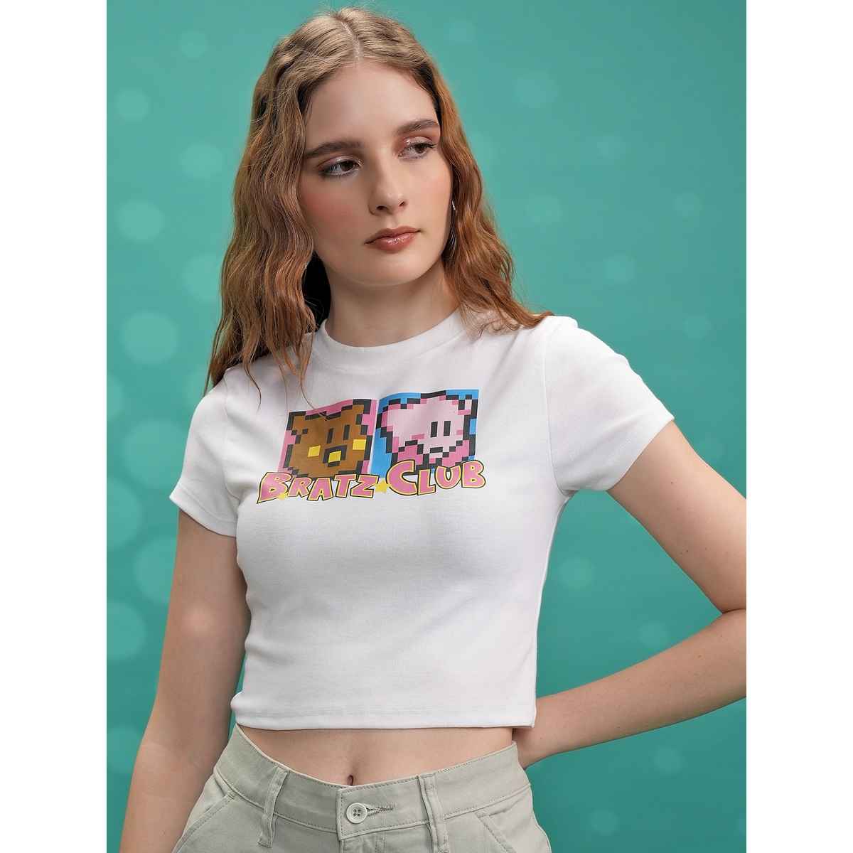 Tokyo Talkies Women's Printed Round Neck Rib Crop Top | White - S