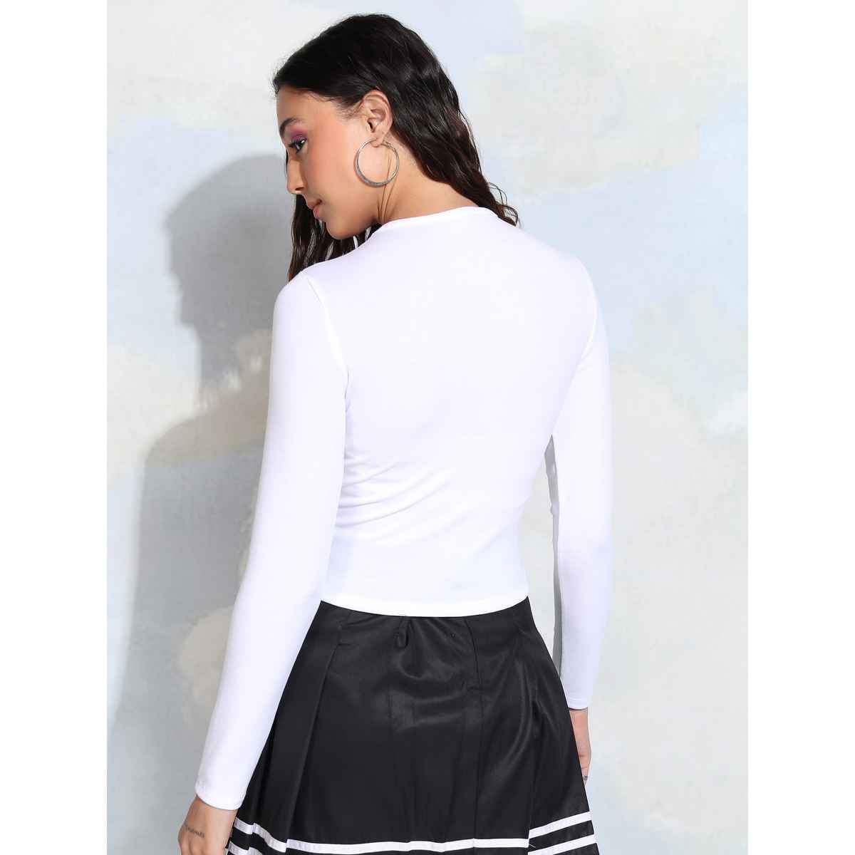 Tokyo Talkies Women's Typography Printed Full Sleeve Crop Top | White - M