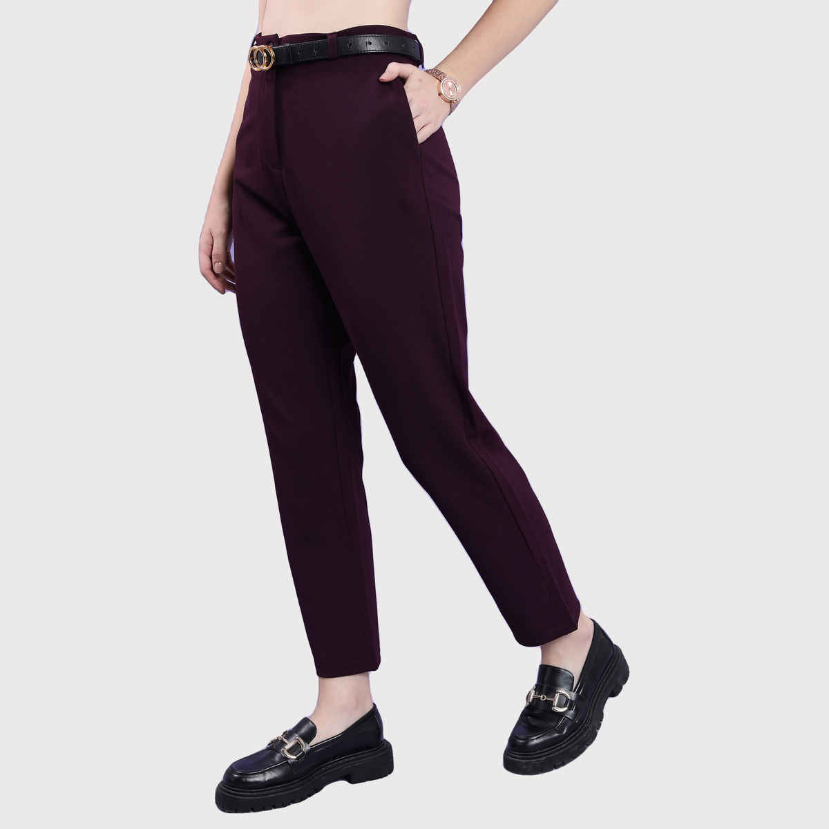 Tokyo Talkies Women's Slim Fit High-Rise Trouser | Plum - 30