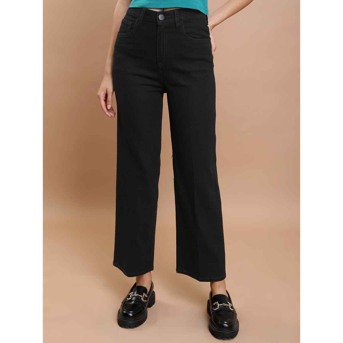 Tokyo Talkies Women's Flared Mid-Rise Clean Look Straight Fit Stretchable Jeans | Black - 30