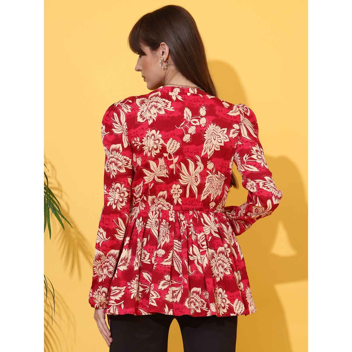 Sheetal Women's Floral Printed Mandarin Collar Peplum Crepe Top | 5204 | Red - M