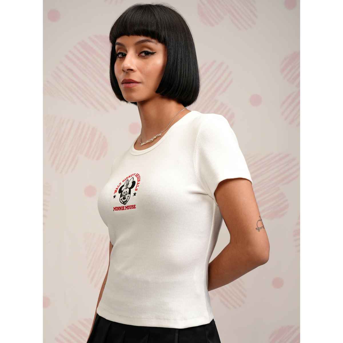 Tokyo Talkies Women's Disney Minnie Mouse Embroidered Rib T-shirt | White - S