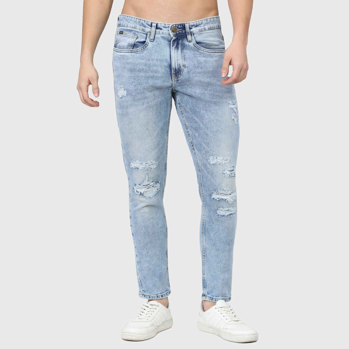 Highlander Men's Tapered Fit Mildly Distressed Heavy Fade Stretchable Jeans | Blue - 30