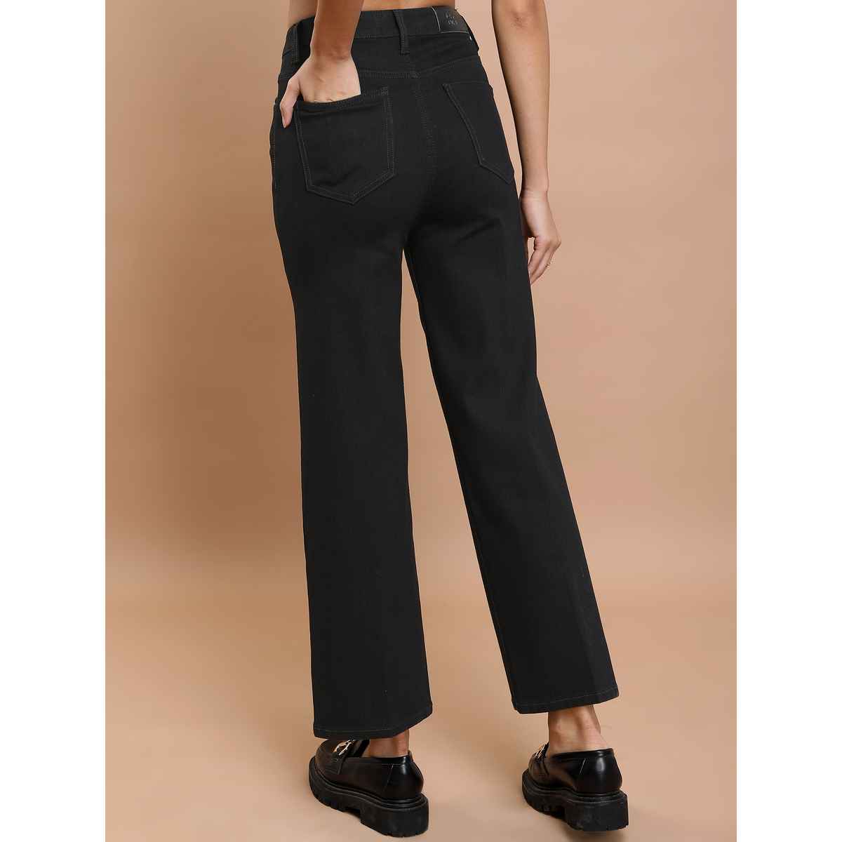 Tokyo Talkies Women's Flared Mid-Rise Clean Look Straight Fit Stretchable Jeans | Black - 30