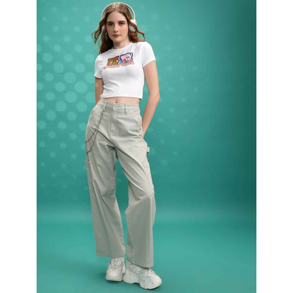 Tokyo Talkies Women's Printed Round Neck Rib Crop Top | White - S