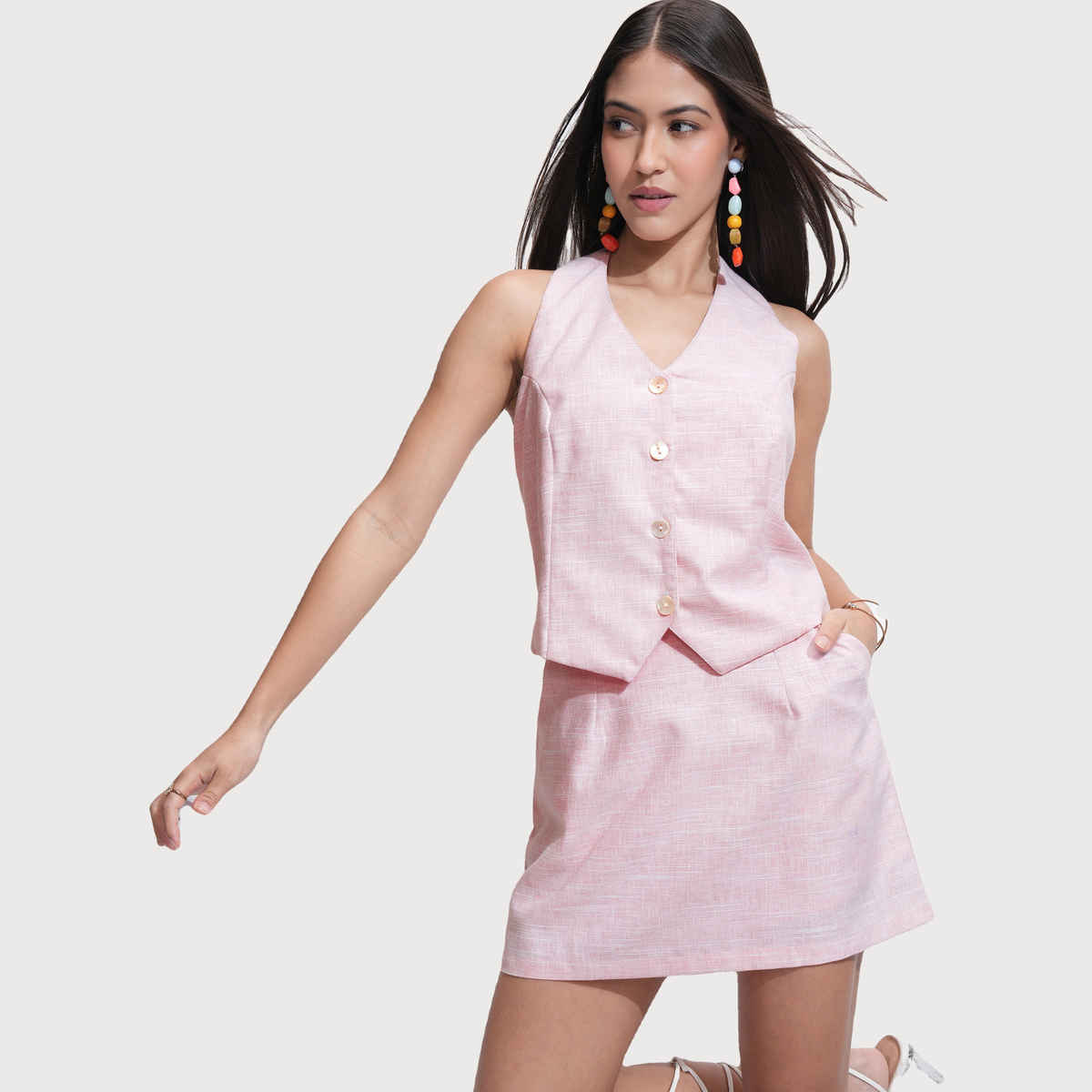 Tokyo Talkies Women's Solid Waistcoat And Skirt Coord Set | Pink - S