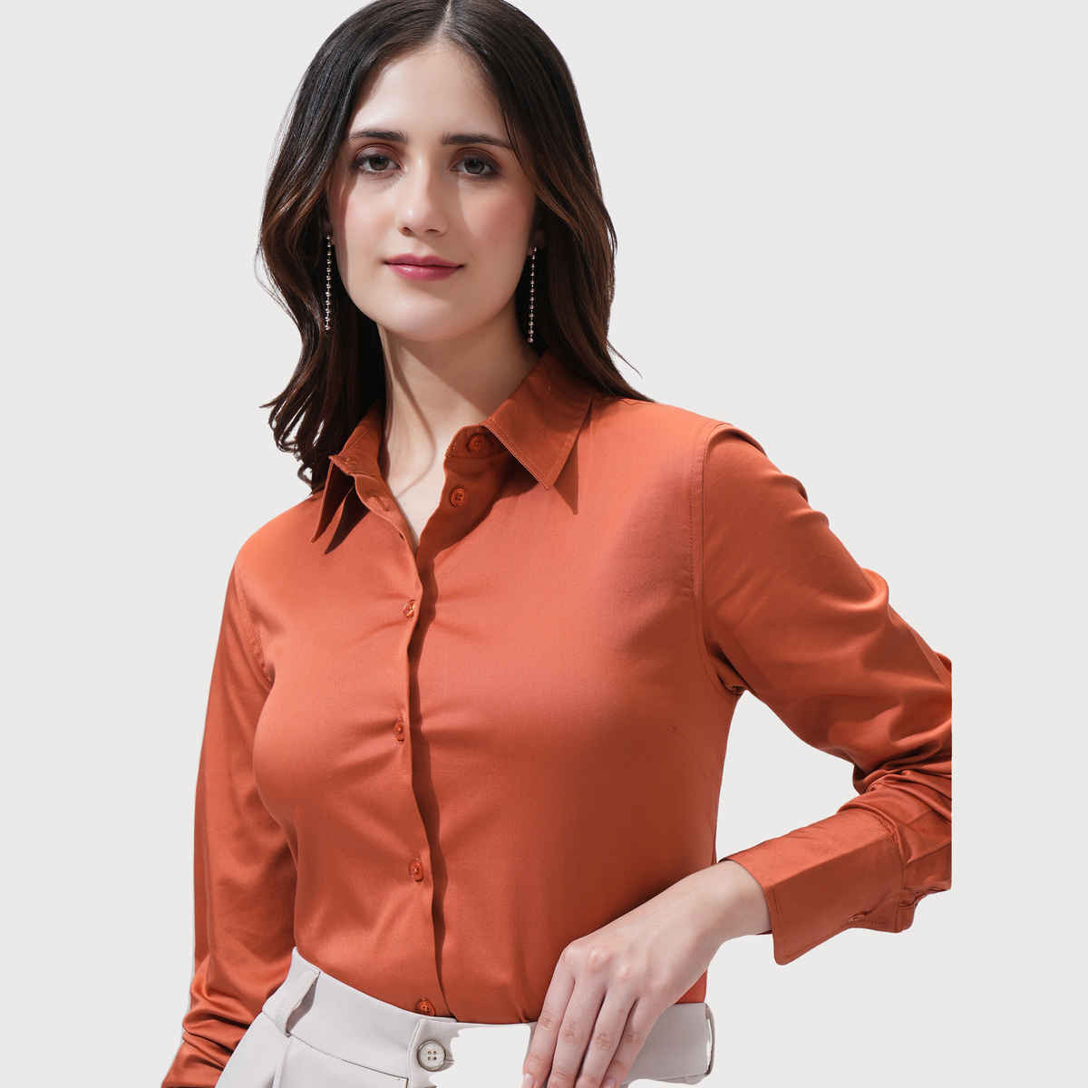 Tokyo Talkies Women's Rust Solid Buttondown Satin Shirt | Brown - L