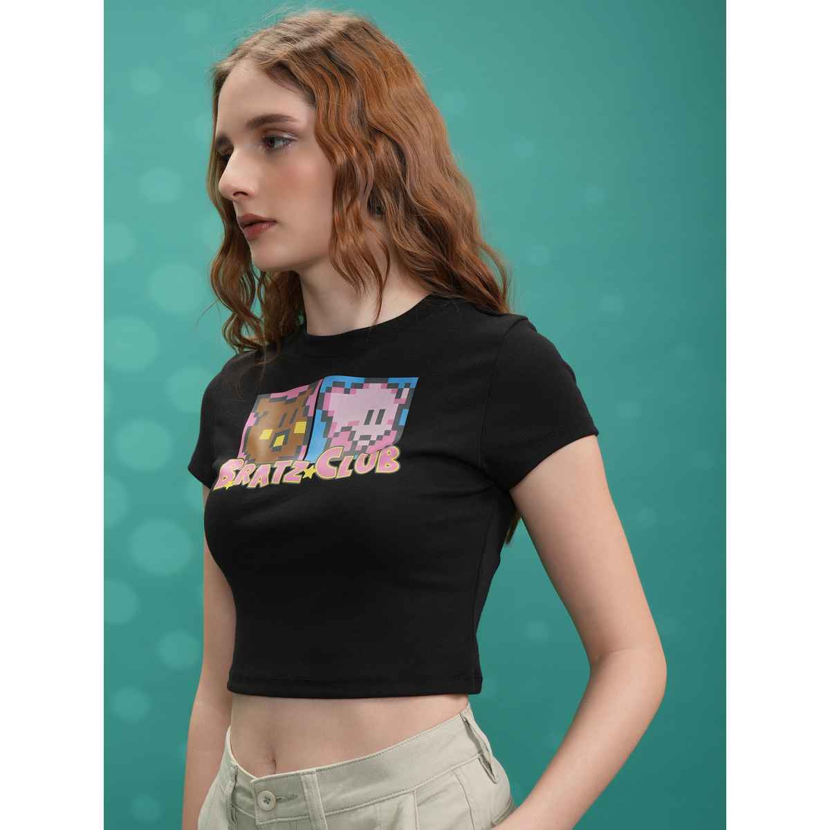 Tokyo Talkies Women's Printed Round Neck Rib Crop Top | Black - M