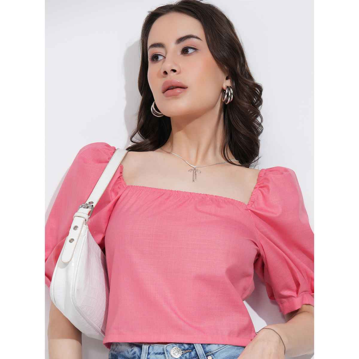 Tokyo Talkies Women's Square Neck Puff Sleeve Top | Pink - M
