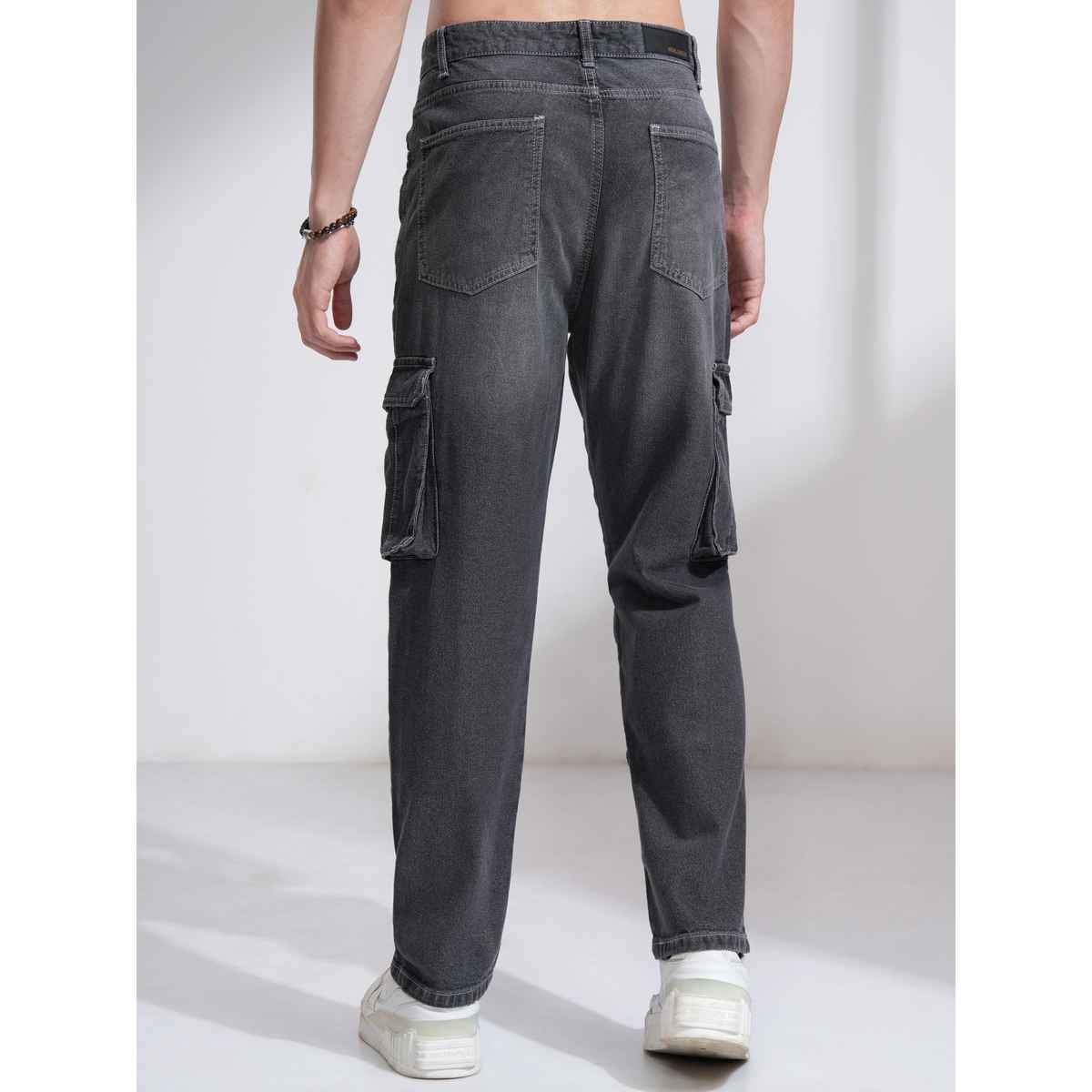 Highlander Men's Charcoal High Rise Straight Fit Cargo Jeans | Grey - 32