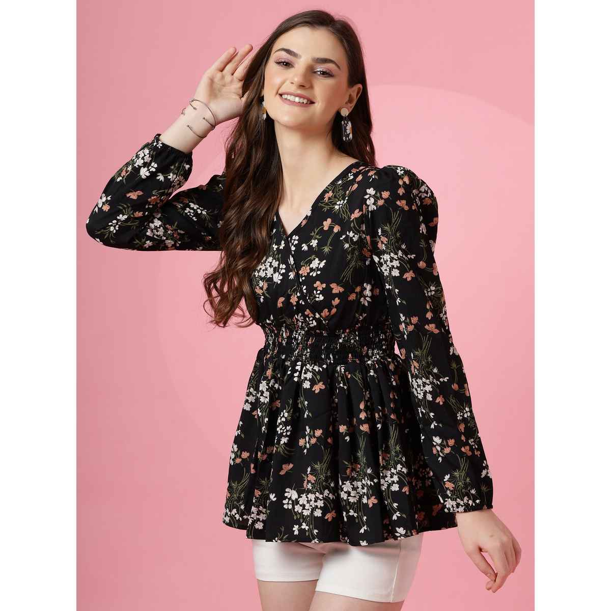 Sheetal Women's Puff Sleeves Floral Printed Top | 5111 | Black - L