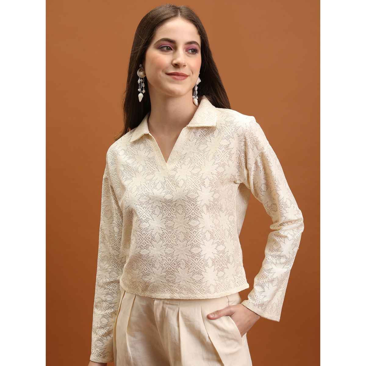 Tokyo Talkies Women's Loose Drop Shoulder Crochet Crop Top | Off White - S