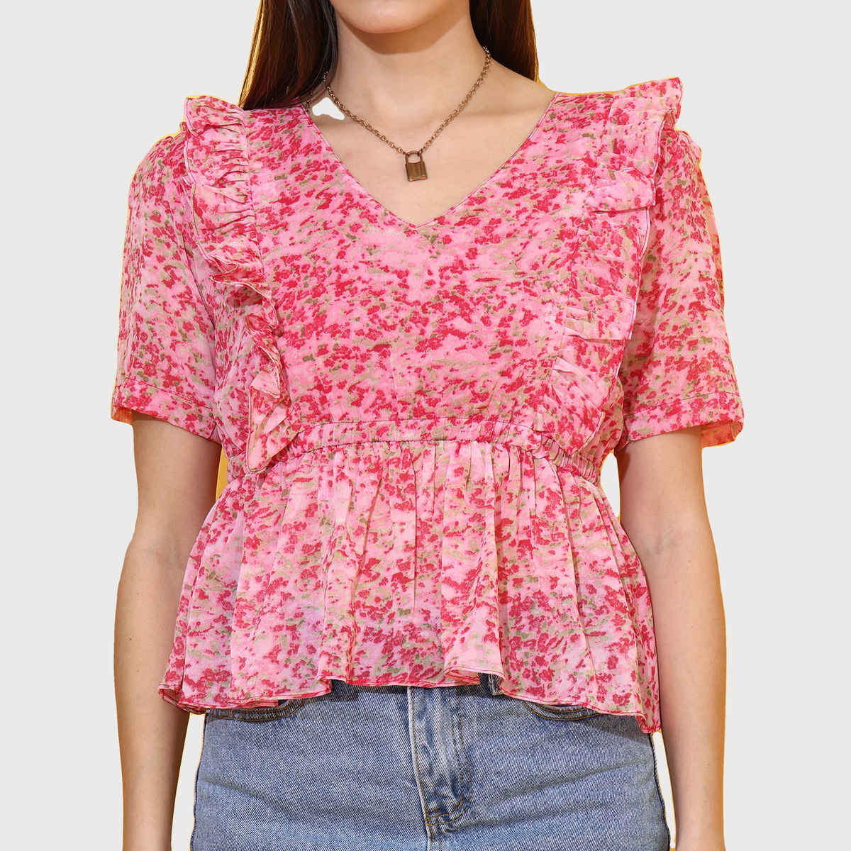 Sheetal Women's Floral Print Peplum Top | 5216 | Pink - S
