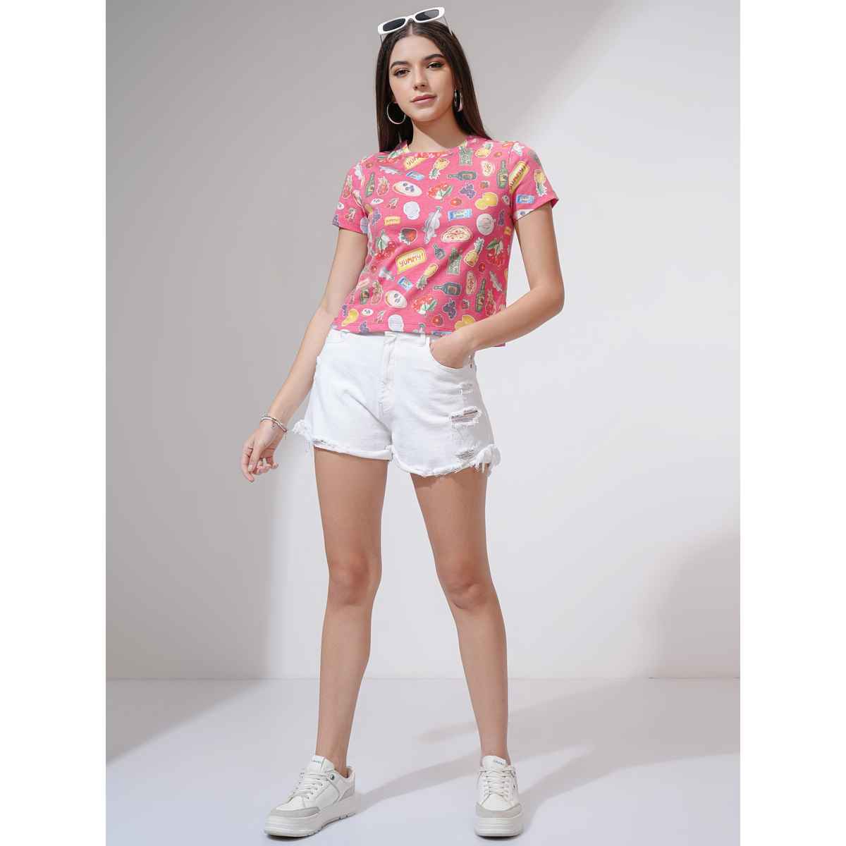 Tokyo Talkies Women's Printed Short Sleeve Cropped Tshirt | Multicolour - S