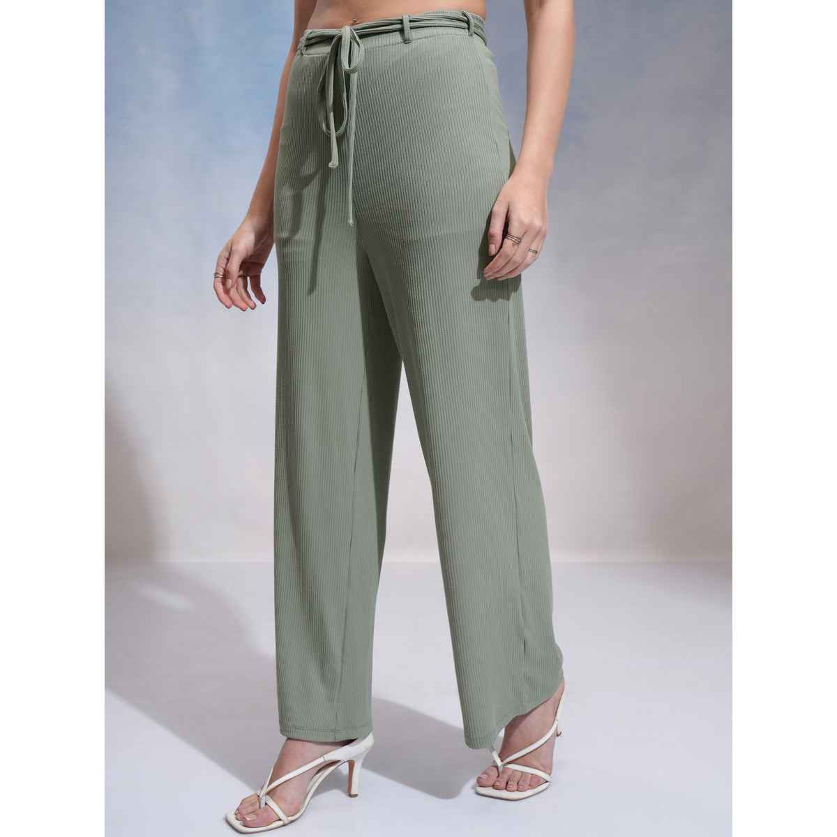 Tokyo Talkies Women's Solid Rib Calf Length Wideleg Pants | Olive - 28