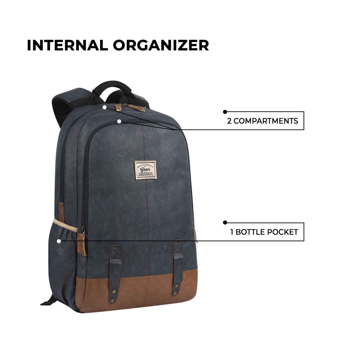 Gear Unisex Solid Faux Leather 20 L Laptop Backpack | Navy and Tan