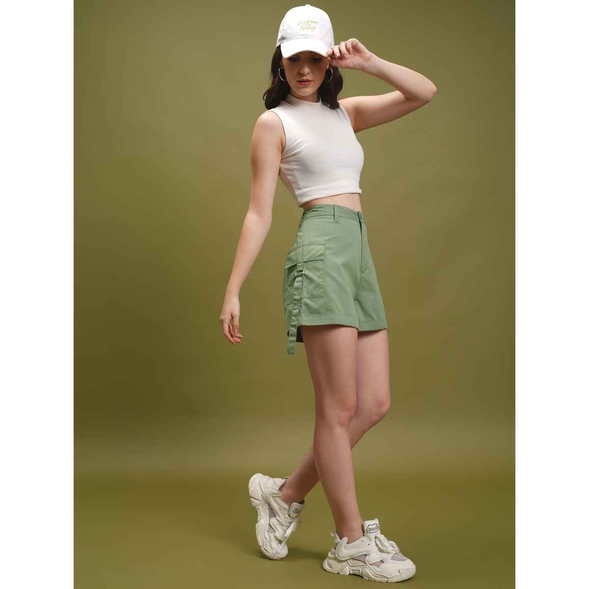 Tokyo Talkies Women's Mid Rise Cotton Shorts | Green - 32