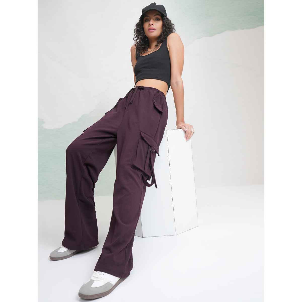 Tokyo Talkies Women's Solid Straight Fit Cargo Pant | Plum - 32