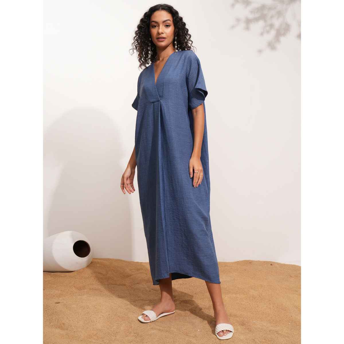 Tokyo Talkies Women's Solid Kaftan Holiday Midi Dress | Indigo - S