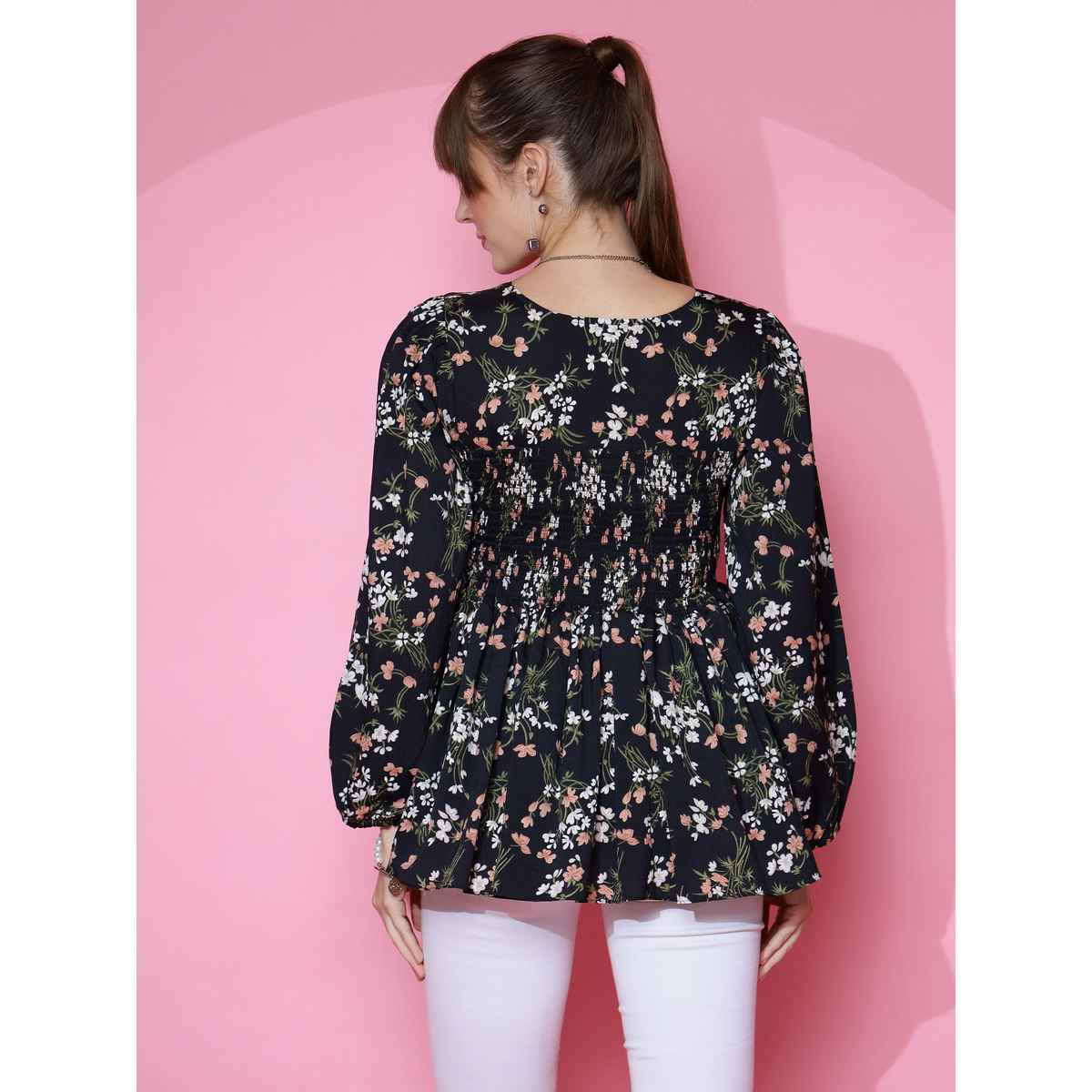 Sheetal Women's Bishop Sleeve Printed Top | 5101 | Black - XL