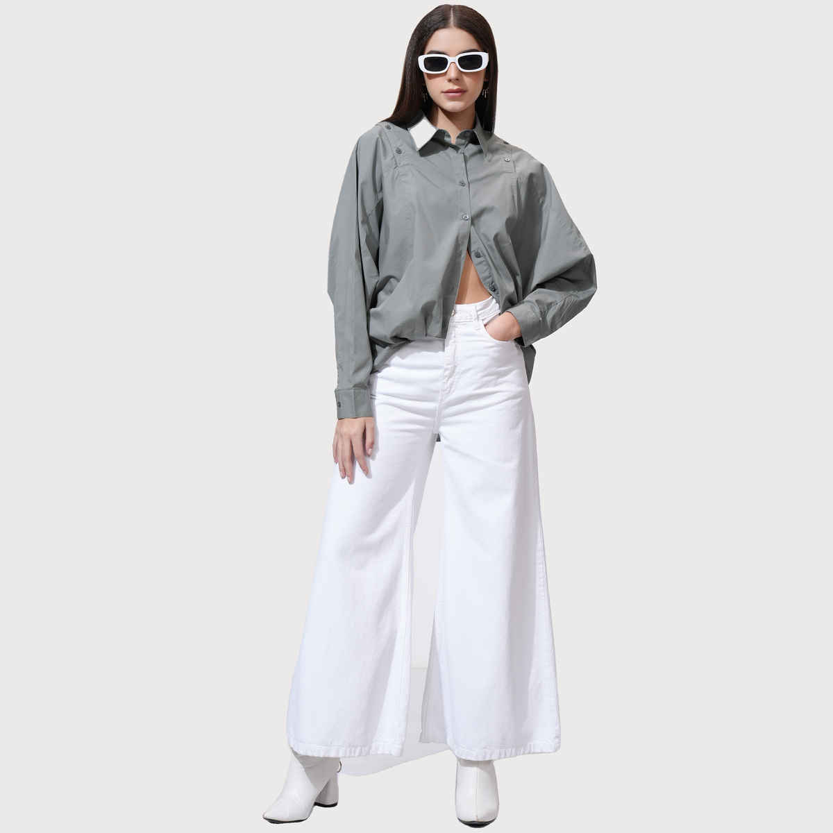 Tokyo Talkies Women's Solid Dropshoulder Oversized Fit Shirt | Grey - S