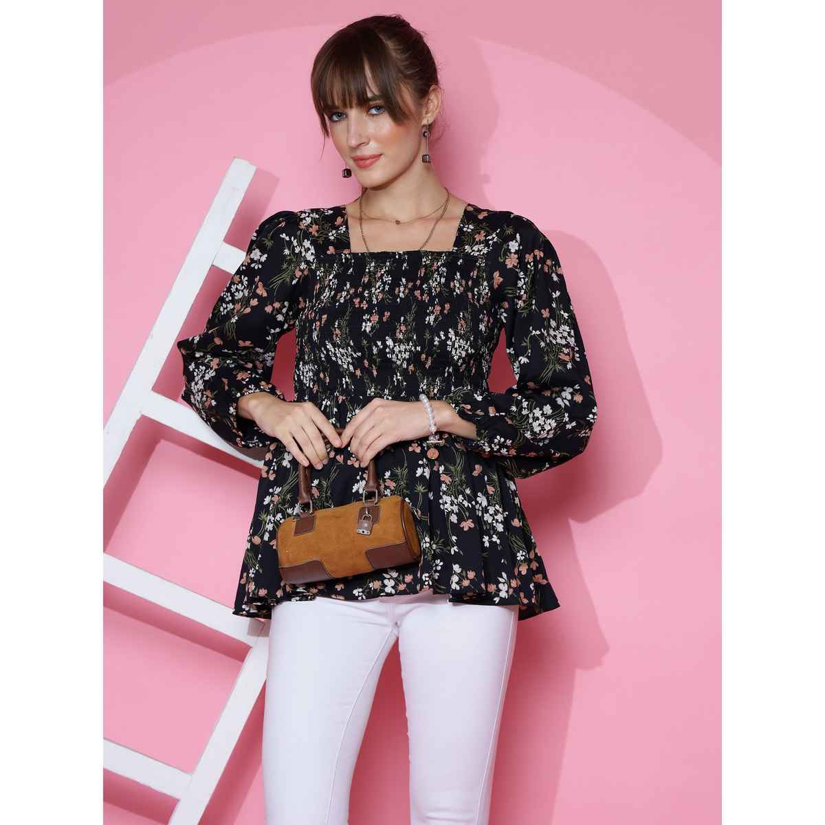 Sheetal Women's Bishop Sleeve Printed Top | 5101 | Black - L
