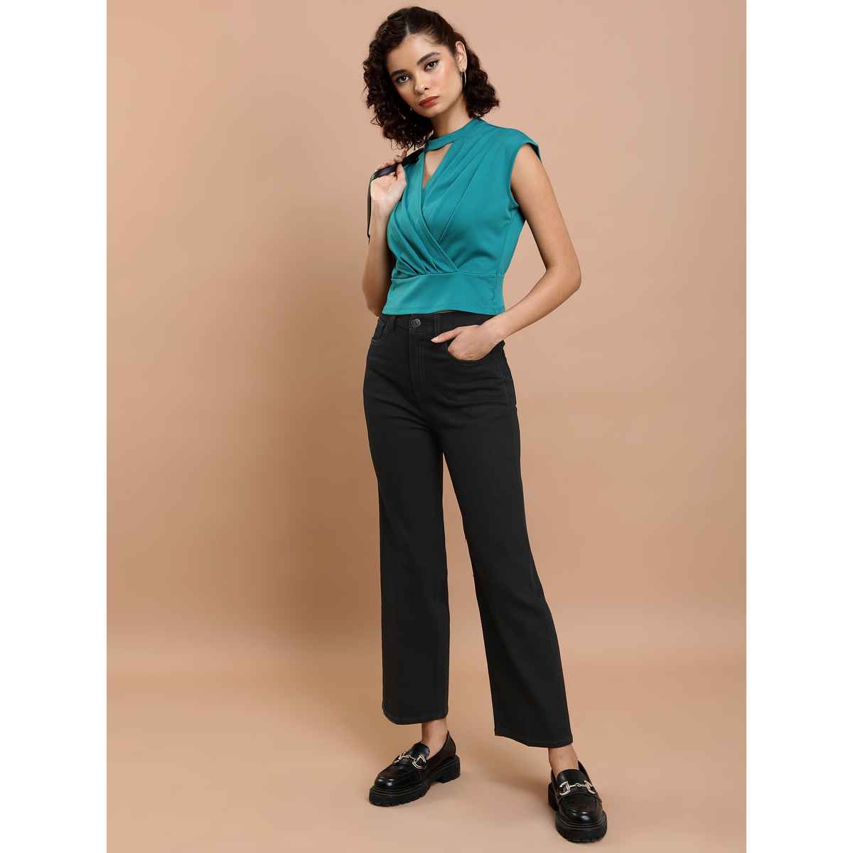 Tokyo Talkies Women's Flared Mid-Rise Clean Look Straight Fit Stretchable Jeans | Black - 30