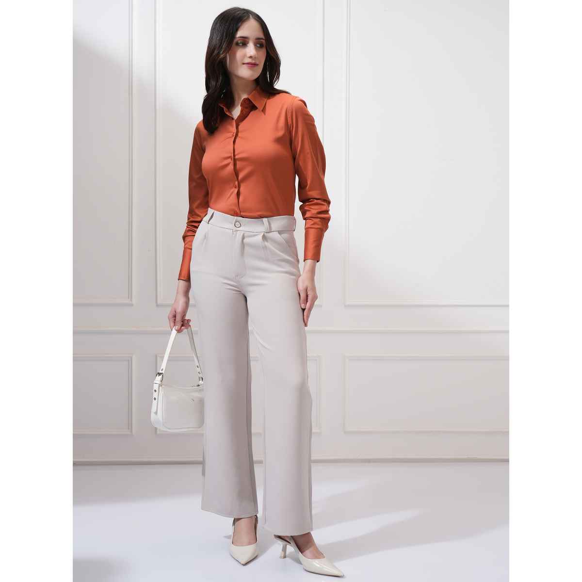 Tokyo Talkies Women's Rust Solid Buttondown Satin Shirt | Brown - L