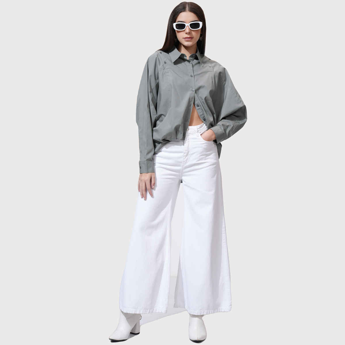 Tokyo Talkies Women's Solid Dropshoulder Oversized Fit Shirt | Grey - M