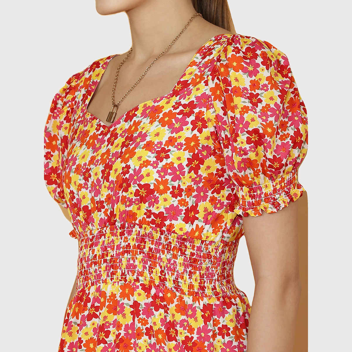 Sheetal Women's Floral Puff Sleeve Crepe Fit & Flare Midi Dress | 11614 | Multicolor - M