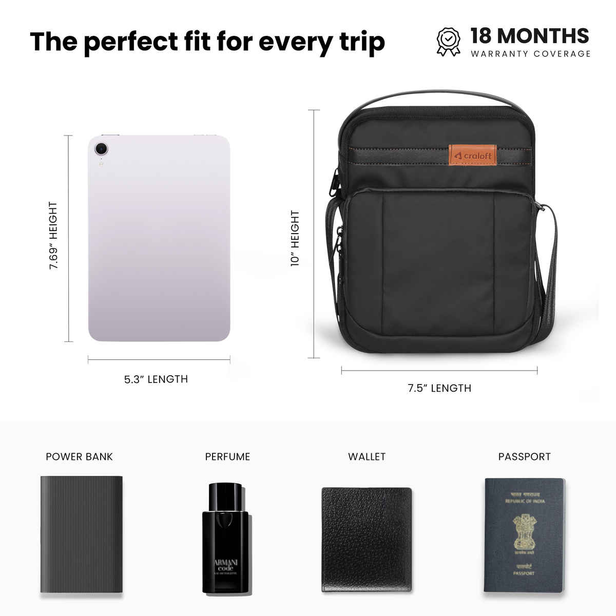 CRALOFT Unisex Sling Bag | Office Travel Side Bag for Mobile, Passport & iPad