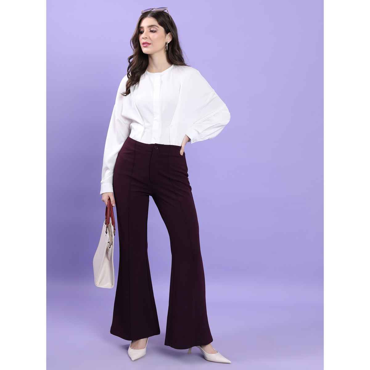 Tokyo Talkies Women's Flared High Rise Bootcut Trouser | Plum - 30